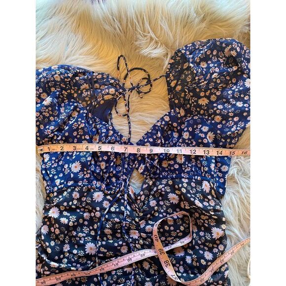 Free People Tessa Mini Dress Ruched Black Navy Blue Floral size small - Picture 5 of 10